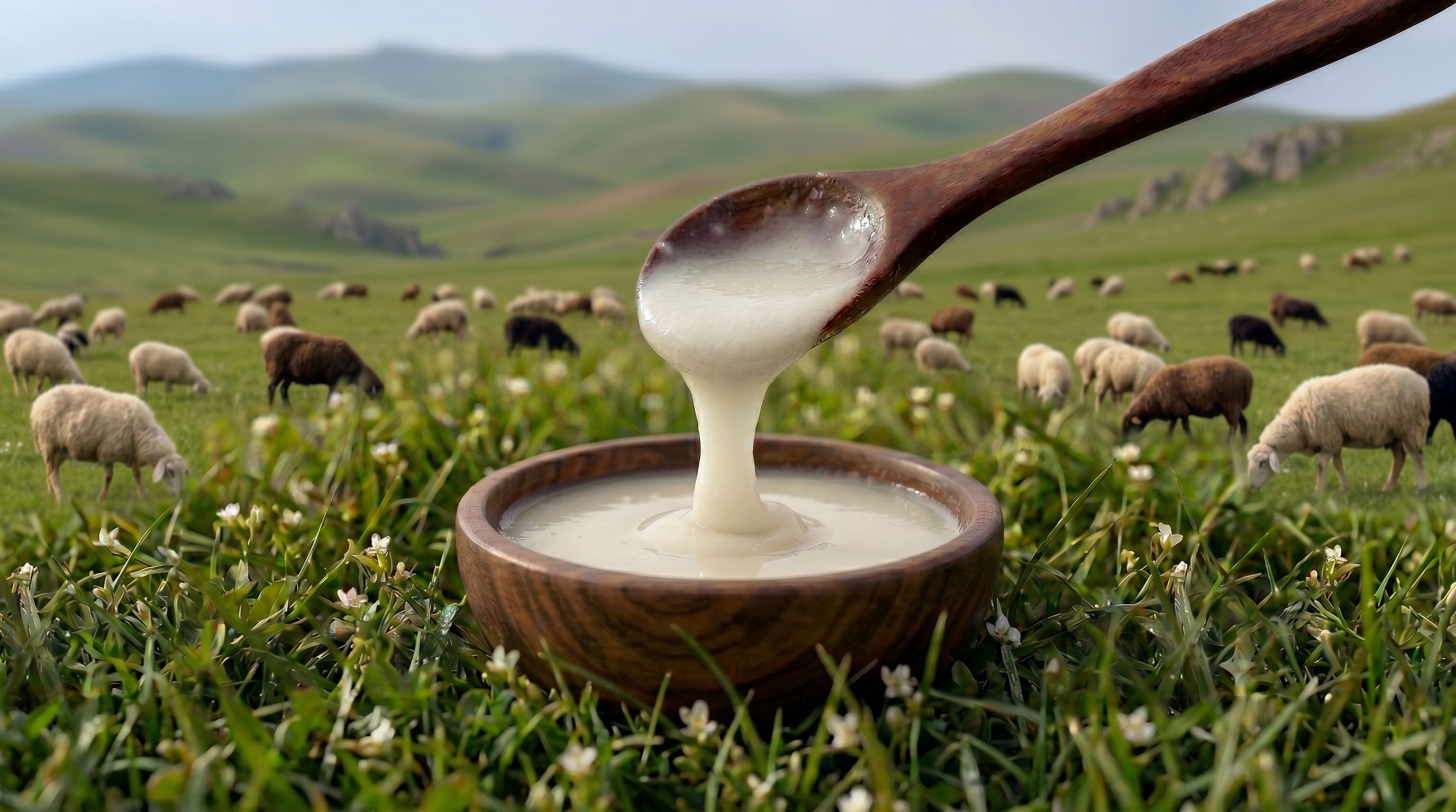 Fresh milk poured into a wooden bowl on a natural pasture — the source of ghee